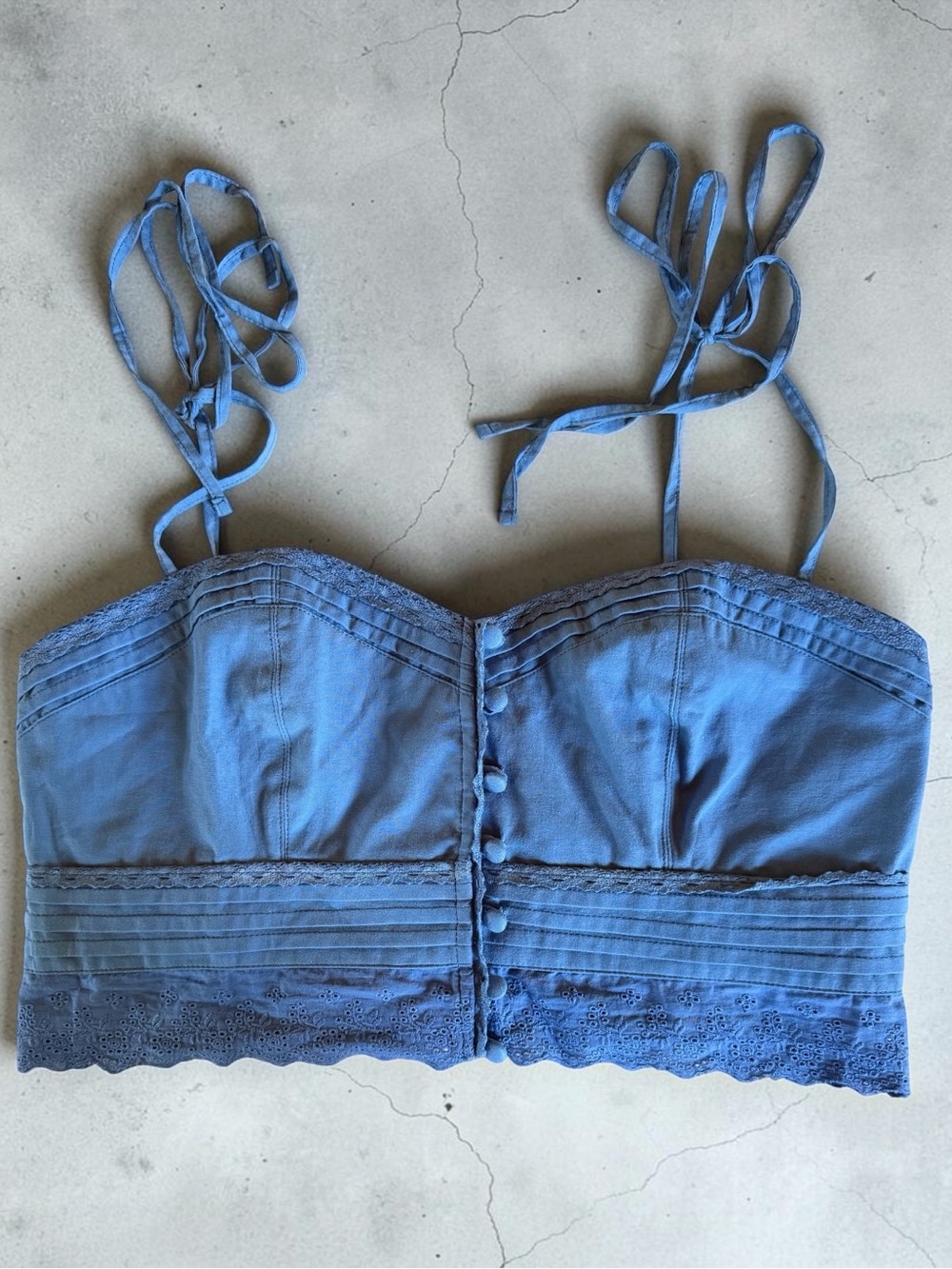 Agua Bendita Ariel Blue Lace-Trim Crop Top with Tie Straps